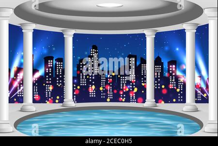 Schwimmbad auf dem hohen Gebäude in der Stadt in der Nacht Stock Vektor