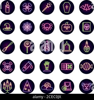 Happy halloween, Trick or treat Party Feier Kerze Fledermaus Hut Spinnennetz Süßigkeiten Neon-Symbole Set Vektor Illustration Stock Vektor