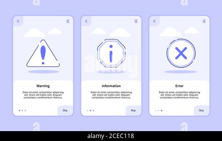 Warning information error Onboarding Screen für mobile Apps Vorlage Bannerseite UI mit drei Variationen modernen flachen Umriss Stil. Stock Vektor