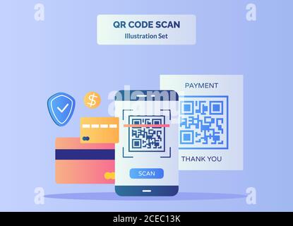 QR-Code-Scan-Illustration Barcode auf Display Smartphone-Bildschirm Für die Zahlung Hintergrund der Kreditkarte Dollar Schild mit flach Farbstil Stock Vektor