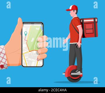 Smartphone mit App und Mann Reiten monowheel mit der Box. Konzept der schnellen Lieferung in der Stadt. Männlicher Kurier mit Paketkasten auf dem Rücken mit Waren und Produkten. Cartoon flache Vektor-Illustration Stock Vektor