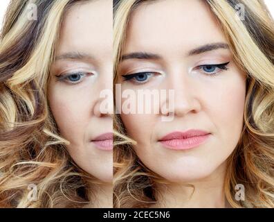 Vergleichsporträt der erwachsenen Frau mit und ohne Make-up. Stockfoto