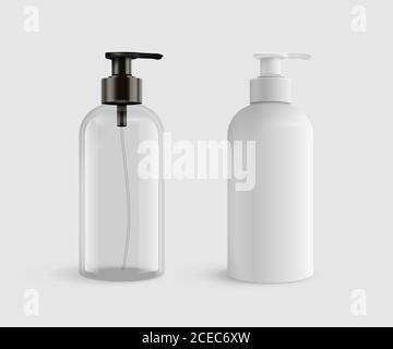 Vector 3D realistische blank transparent und weiß Kunststoff-Flaschen für Flüssigseife oder Desinfektionsmittel Stock Vektor