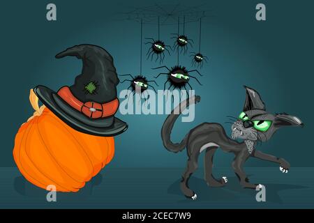 Katze, Spinnen, Kürbis mit Hexenhut. Böse schwarze Katze und Spinnen schauen sich gegenseitig an.Cartoon Charakter.Happy Halloween Theme.Stock Vektor Illustration Stock Vektor
