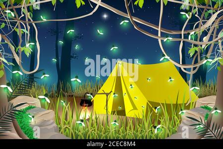 Camping Zelt im Wald auf dem Berg in der Nacht Stock Vektor