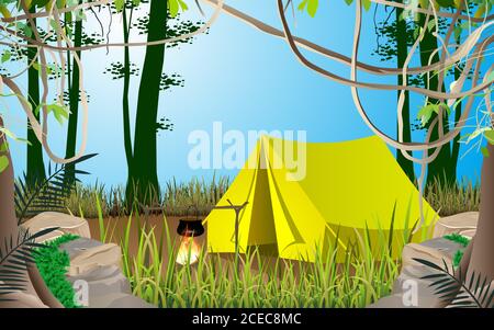 Camping Zelt im Jugle auf dem Berg Stock Vektor
