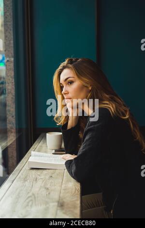 Junge Frau liest Buch im Café Stockfoto