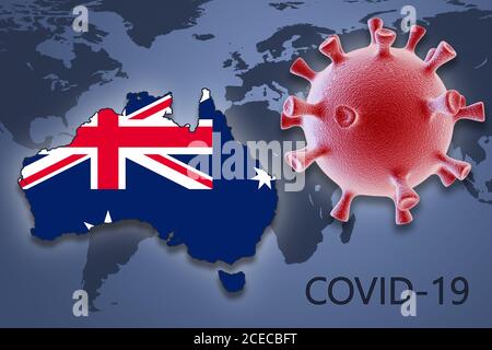 Coronavirus-Zelle und Karte von Australien auf dem Hintergrund des Weltkarte Stockfoto