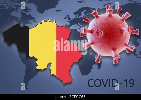 Coronavirus-Zelle und Karte von Belgien auf dem Hintergrund der Weltkarte Stockfoto