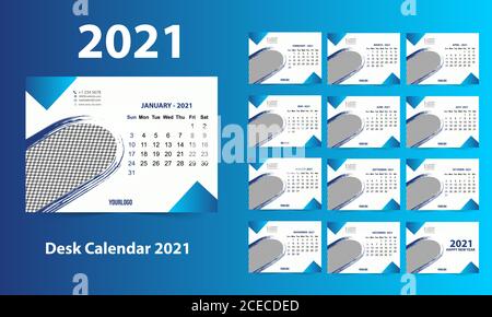 Tischkalender 2021 Vorlage, editierbar 2021 Tischkalender mit Grün. Moderner und kreativer Neujahrskalender Stock Vektor