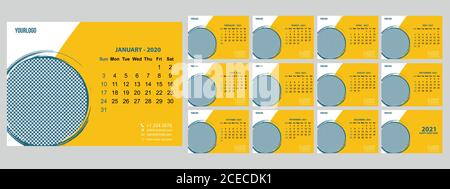 Tischkalender 2021 Vorlage, editierbar 2021 Tischkalender mit Grün. Moderner und kreativer Neujahrskalender Stock Vektor