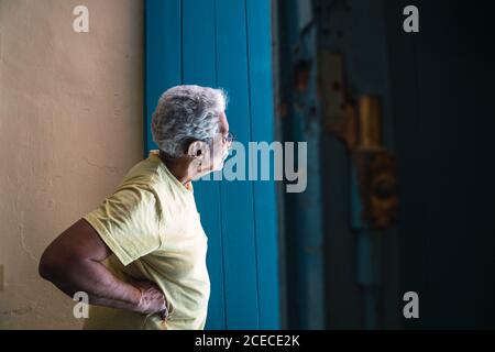 LA HABANA, KUBA - 6. NOVEMBER , 2018: Seitenansicht Ältere hispanische grauhaarige Hündin in Brillen, die nahe der blauen Wand in Kuba wegschauen Stockfoto