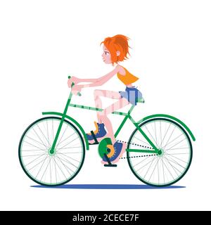 Cute Cartoon Charakter Mädchen fährt ein Fahrrad. Illustrationsvektor auf weißem Hintergrund isoliert. Stock Vektor