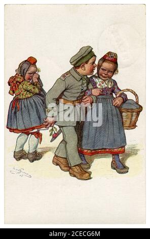 Deutsche historische Postkarte: Kinder als Erwachsene: Gebrochenes Herz. Der Held Soldat kehrte aus dem Krieg zu dem anderen Mädchen, von Beithan, Emil Deutschland, 1915 Stockfoto