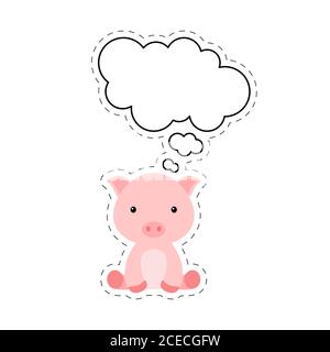 Cute Cartoon Schwein mit Rede Blase Aufkleber. Kawaii-Zeichen auf weißem Hintergrund. Cartoon sitzende Tier Postkarte Cliparts für Geburtstag, Baby-Dusche Stock Vektor