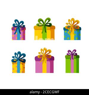 Set von sechs Geschenk-Boxen in verschiedenen Größen und Farben. Geschenke für einen schönen Urlaub. Isolierte Vektordarstellung in flacher Form Stock Vektor