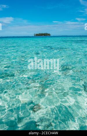 Kleine Insel mit Palmen zwischen Wasseroberfläche Stockfoto