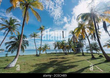 Volleyballplatz zwischen tropischen Bäumen und Gras in der Nähe von Meer und blauen Himmel mit Sonne in San Blas Inseln, Panama Stockfoto