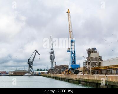 Reihe beweglicher Portalkrane am Ufer der Docks im Hafen von Southampton auf der Solent, Hampshire, Südengland, Großbritannien Stockfoto