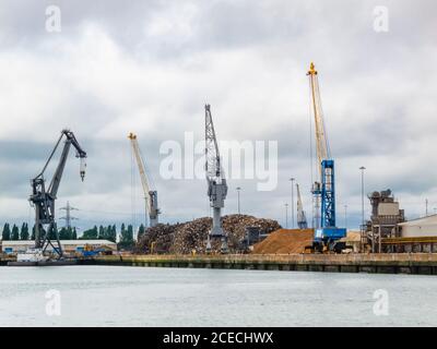 Reihe beweglicher Portalkrane am Ufer der Docks im Hafen von Southampton auf der Solent, Hampshire, Südengland, Großbritannien Stockfoto