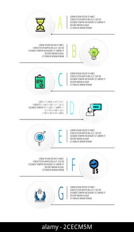 Infografiken Kreise mit 7 Schritten, Symbole. Vektorvorlage für flache Linien. Kann für sieben Business-, Web-, Workflow-Layout, Flussdiagramm, Infograph verwendet werden Stock Vektor