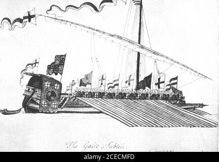. Ein Miscellany präsentiert John Macdonald Mackay, Juli, 1914. E große Pistole Stahl blau ; die beiden kleinen Kanonen grün.Schilde entlang Gunwale : St. Georges Kreuz ; Frankreich und England vierteljährlich; azurblau a lys oder ; blau mit H oder R in Gold geladen.Mast : Scharlach.Yard : Holzfarbe. Oben: Weiß und gelb (letztere ist dunkler).Sweeps: Weiß und scharlachrot, „ „ Flaggen auf Rumpf (Abrechnung aus den Bögen): (i) Tudor Uvery Farben; (2) St. George, mit weißer Fliege; (3) Blau, mit einer gelben Lys, und b, für Henry, in der Fliege; (4) St. George, mit weißer Fliege, und gelbe Grenze zum Kreuz; (5) als Nr. i; (6) A Stockfoto