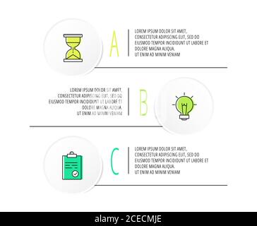 Infografiken Kreise mit 3 Schritten, Symbole. Vektorvorlage für flache Linien. Kann für drei Diagramme verwendet werden, Geschäft, Web, Banner, Info-Grafik, Zeitleiste Stock Vektor