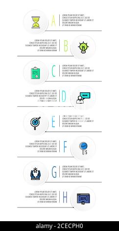 Infografiken Kreise mit 8 Schritten, Symbole. Vorlage für Vektor mit flacher Linie. Kann für acht Diagramme, Business, Web, Banner, Workflow-Layout, Presentat verwendet werden Stock Vektor