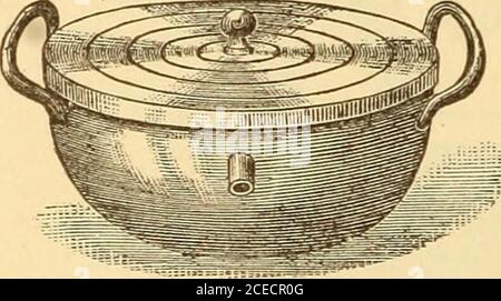 . Eine Abhandlung über die Apotheke für Studenten und Apotheker. Ry wo Dampf vorhanden ist, kann ein Permanentsand-Bad zur Verfügung gestellt werden, wie in Abb. 64. Es wird aus einem gewöhnlichen verzinkten Eisenbecken und einem großen Gasrohr, ca. dreiviertel bis einen Zoll Durchmesser, horizontal in Falten angeordnet, gebaut, wobei die Enden des Rohres durch Löcher von passender Größe eingeführt werden, die am Ende des Schiffes gebohrt werden. Sand bis zur Tiefe von zwei oder drei Zoll kann über die Rohre gegossen werden, die ein ex-cellent Bett für Kolben, Geschirr und Becher bilden. Andere Apparate für die Verwendung von Wärme über der von kochendem Wasser,y Stockfoto