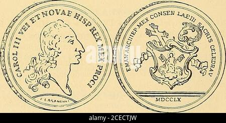 . Monetario americano (ilustrado) clasificado. li I 91 A Nr. 3 A – Anverso Leyenda • Carolus • III * Hispan ? Et Ind + Rex• L M * 1760 * en el campo: Busto laureado del rey á laderecha. Reverso Leyenda OptimoePrincüPublíFidelit^Juram*en el campo: Águila de dos cabezas surmontadas de coronade marqués. El pecho lo forma un escudo oval que contienetres coronas; arriba un cometa, debajo una granada á cuya iz-quierda Hay una K y á la derecha I. El águila se hallaentre las columnas de Hércules coronadas y rodeadas defajas con la inscripción: Plus-vltra; bajo las garras se lee:Sup-und (Superunda). Plata Stockfoto