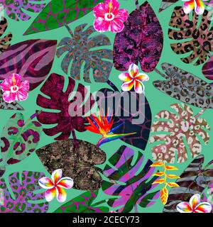 Aquarell abstraktes Nahtloses Muster mit hellen tropischen exotischen Pflanzen. Aquarell Handgezeichnete Palmen, Monstera, Philodendron, Frangipani, Hibiscus wi Stockfoto