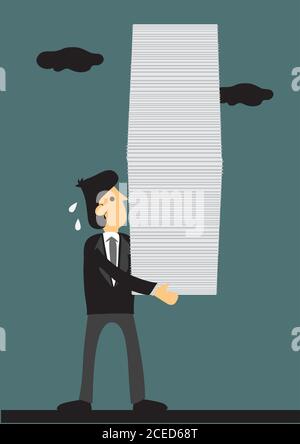 Cartoon Geschäftsmann mit einem großen Stapel von Dokument. Vektordarstellung zum Konzept für hohe Arbeitslast. Stock Vektor