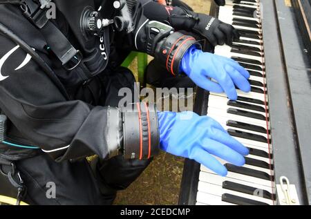 31. August 2020, Sachsen, Kulkwitzer Siehe: Am Strand des Kulkwitzer See vor der Tauchschule Delphin in Leipzig-Grünau versuchen Mitglieder der Sporttauchgruppe aus Ulm/Neu-Ulm (Baden-Württemberg/Bayern) an einem alten Flügel aus dem Jahr 1880, der im Freien aufgestellt ist, ob man mit Taucherhandschuhen spielen kann. Während eines mehrtägigen Festivals, den 4. Leipziger Keyboard Days (bis 13.09.2020), werden zehn von Institutionen und Unternehmen geförderte Klaviere und Flügel an verschiedenen Standorten im großen Neubau zu sehen sein. Die Musikinstrumente können von jedem frei verwendet werden Stockfoto