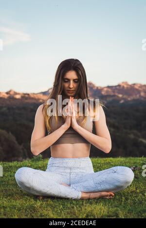 Frau, die Yoga auf dem Feld macht Stockfoto