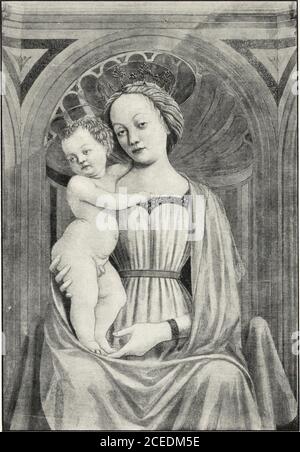 . Die Studie und Kritik der italienischen Kunst : zweite Serie. {Privatsammlung, Florenz. THK .MADONNA UND KIND DOMENICO VENEZIANO.  Uffizien, Florenz. DIE MADONNA UND CHILDDETAIL EINES ALTARBILDES ALESSIO BALDOVINETTI 3i zu seinen ersten naiven Bildern, und in Schönheit zu seinen naturalistischen Experimenten. Wir werden sehen, dass dies genau das war, was geschehen ist. II Schüler, die mit den zu seltenen Arbeiten von Domenico Veneziano vertraut sind und die in der Lage sind, sie klar in den Sinn zu bringen, können nicht scheitern, bei der Sightof dieser ersten Bemühungen von Alessio, eine deutliche Ähnlichkeit zwischen ihnen zu bemerken. Dies ist nicht beschränkt Stockfoto