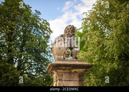 Wernigerode, Deutschland. August 2020. Eine Löwenfigur mit einem Schild am Löwentor, dem Eingang zum Lustgarten Wernigerode. Die Schlossgärten sind Teil des Netzwerks 'Gartenträume - Historische Parks in Sachsen-Anhalt', das in diesem Jahr sein 20-jähriges Bestehen feiert. Quelle: Klaus-Dietmar Gabbert/dpa-Zentralbild/ZB/dpa/Alamy Live News Stockfoto