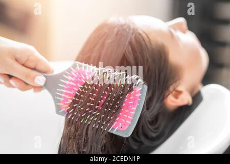 Master trägt Conditioner auf das Haar mit Massage Kamm. Shampoonieren mit speziellen Tiefenreinigung im Schönheitssalon Stockfoto