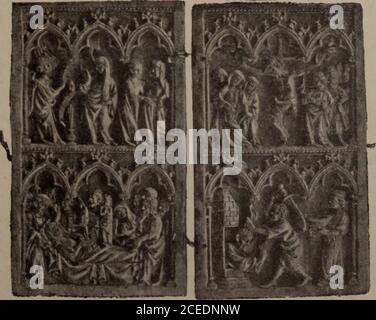 . Galerie de Portraits et autres tableaux anciens. Nr. 358. 359 Diptyque. Bas-Relief en ivoire dun très beau travail. Les deux volets se composent de quatre scènes, qui cependant bien regardées, en font huit, cest-à-dire lhistoire de Jésus-Christ en huit tableaux. Hauteur 13.7 centimètres.Beau travail français du XIV siècle. – Voir la vignette à la page précédente.. Nr. 360. 36-6o Diptyque. Quatre scènes sur deux volets, sculptées en ivoire: LAnnonciation, Jésus-Christ en croix, la mort de la Vierge, St. Jean Baptiste décapité. Baldaquins gothiques. Travail français Vers 1400. Voir la vignet Stockfoto
