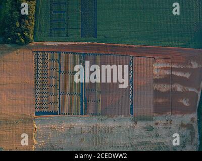 Luftaufnahme der landwirtschaftlichen Felder in Parzellen unterteilt Stockfoto