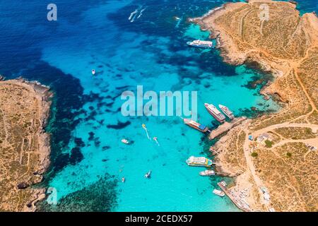 Panorama Beach Blue Lagoon Comino Malta. Luftansicht Stockfoto