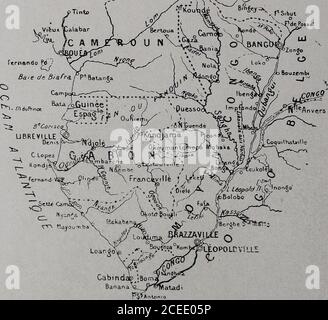 . Les Colonies français. QtHBANGUPpfARI. FtZAVlj/fe q OPOLDVSLLE. Atadi Carte du Congo français. A. Meunier général, Mais recevait ses délégations de crédit du directeur delIntérieur, seul ordonnateur. Le décret du 28 septembre 1897modifia cet état de choses : la colonie était désormais administréepar un comissaire général du Gouvernement, ayant sous sesordres un leutnant-gouverneur du Congo, un leutnant-gouver-neu de lOubangui et des administrateurs. Le lieutenant-gouver-neur de lOubangui était ordonnateur des dépenses dans les terri-toires où iKexerçait ses fonctions. Le décret du 5 Stockfoto