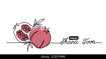 Shana tova einfacher Vektor-Hintergrund mit Granatapfel. Eine fortlaufende Linienzeichnung mit Schriftzug Happy Shana tova Stock Vektor