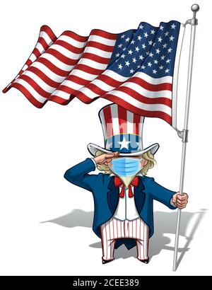 Vektor-Illustrationen eines Zeichentrickfilms Onkel Sam, Saluting, hält eine winkende amerikanische Flagge, trägt eine chirurgische Maske. Alle Elemente ordentlich in gut definierten la Stock Vektor