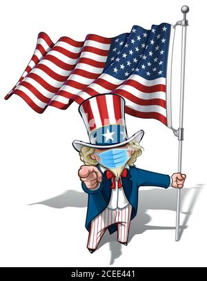 Vektor-Illustrationen eines Zeichentrickfilms Onkel Sam, zeigt ‘Ich will dich’, hält eine winkende amerikanische Flagge, trägt eine chirurgische Maske. Alle Elemente ordentlich in uns Stock Vektor