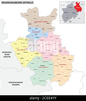 Administrative Vektorkarte der Region Detmold in deutscher Sprache, Nordrhein-Westfalen, Deutschland Stock Vektor