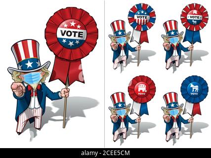 Vektor-Illustrationen eines Zeichentrickfilm Onkel Sam zeigt ‘I want you’ , hält eine winkende amerikanische Flagge, trägt eine chirurgische Maske. Alle Elemente ordentlich in uns Stock Vektor