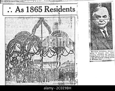 . Die Ermordung von Abraham Lincoln. Tive Martin T./ueger,»ho besitzt die fotografische ahijyei war 11 Jahre alt, als i Iincoln Beerdigung Zug kam InSchigarTtity 1. Mai 1865. Mr.lueger zusammen mit John Voss, Xiry Opperman, Cris Kay, WilliamKyerand-FrenkEggertwere,Spaziergang nach Waterford an diesem Morgen l&gt;Pflanzen Sie Kartoffeln für alten Mann ?*?Sie hörten die Kanone am Seeufer die Ankunft der Strecke ankündigen und kehrten zurück, um das Ereignis zu erleben. Unter besonderer Bewachung reiste der Zug von Indianapolis nach Lafayette, wo er eingeschaltet wurde - nach Louisville, New Albany und Chicago (später die Mon Stockfoto