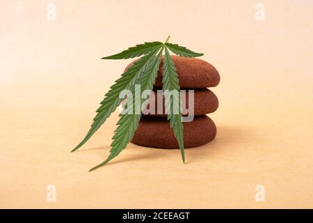 Süßigkeiten mit Marihuana, Chocolate Chip Cookie mit Cannabispflanzenblatt auf gelbem Hintergrund. Stockfoto