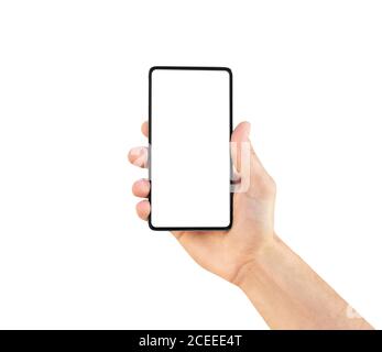 Mann die Hand hält schwarze moderne Smartphone isoliert auf weißem Hintergrund mit Clipping-Pfad. Nahaufnahme Hand berühren Handy-Smartphone. Stockfoto