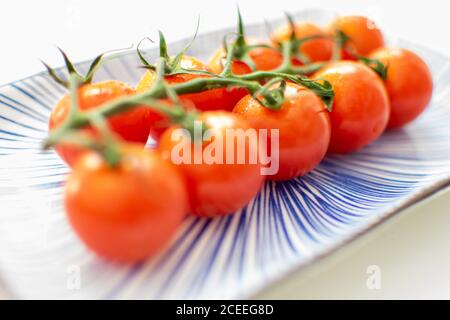 Ein Makrobild einer frisch geschnittenen Kirschpflanze Tomaten präsentiert auf einer blauen Keramikplatte Stockfoto